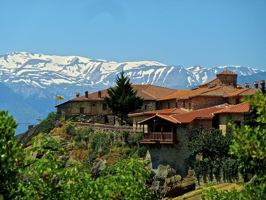 monastery, meteora, greece, hilltop, mountains, rock, abbey HD wallpaper