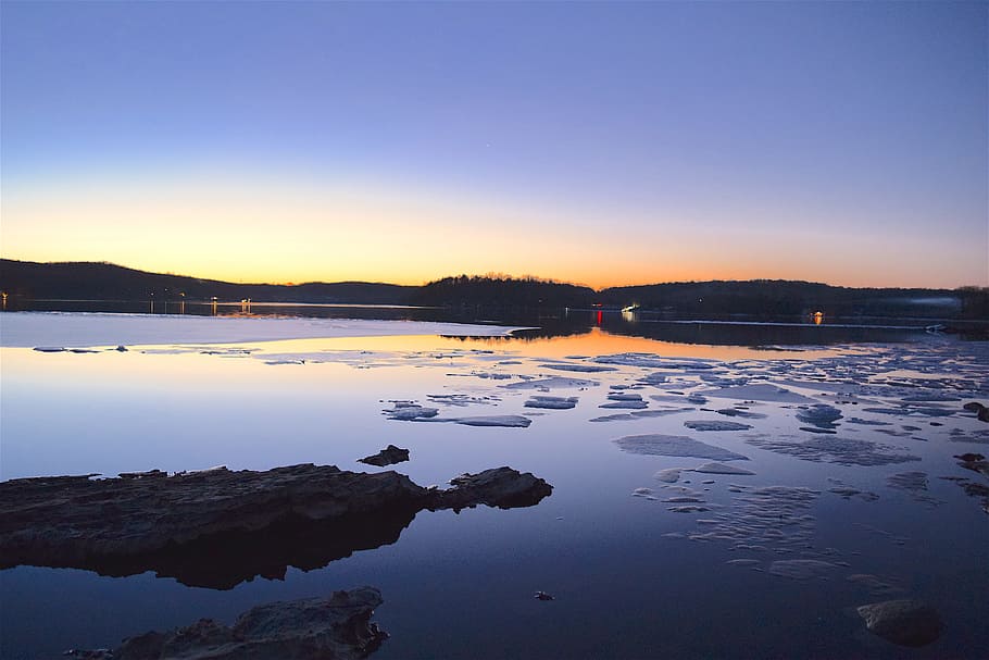 Lake, Sunset, Ice, Rock, Reflection, water, sky, landscape HD wallpaper