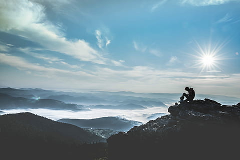 person sitting on cliff, nature, mountain, outdoors, sky, men HD wallpaper