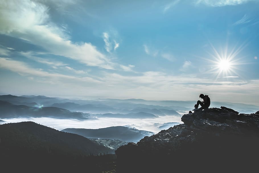 person sitting on cliff, nature, mountain, outdoors, sky, men HD wallpaper