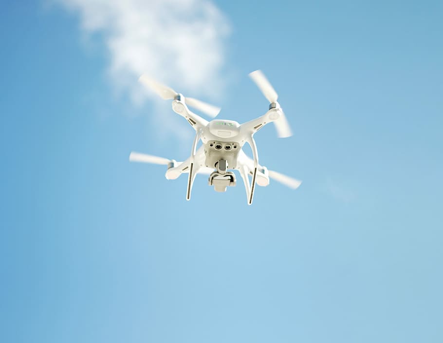 on air quadcopter drone, white drone in the air, sky, blue, camera HD wallpaper