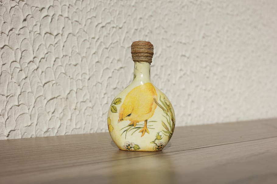 yellow bottle, chicken, decoupage, handmade, table, food, wood - material, HD wallpaper