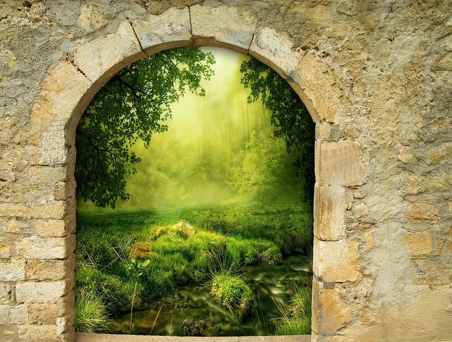 green plants and trees painting, fantasy, gate, arch, portal HD wallpaper