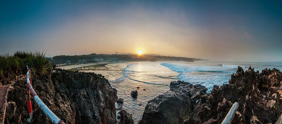 view, perspective, overlook, water, sunset, sunrise, coast HD wallpaper