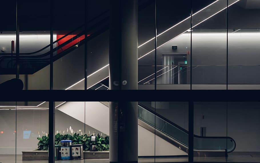 What goes up must come down, glass building, escalator, stair HD wallpaper