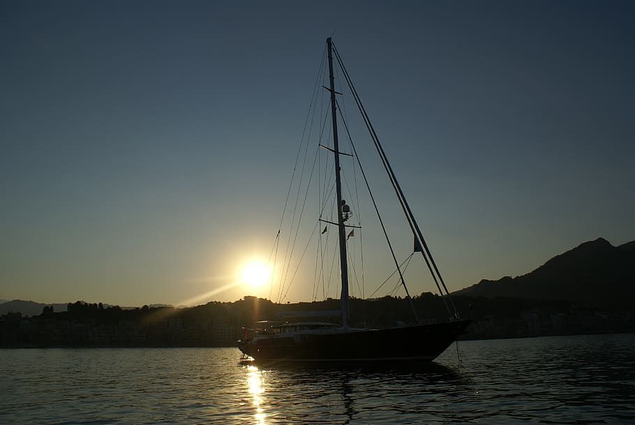 sunset, landscape, taormina, boat, ship, tradition, sea, sailing, HD wallpaper
