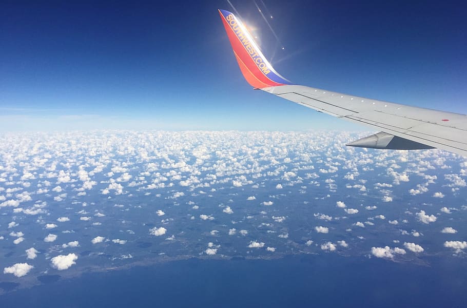 closeup photo of airliner wing, airplane, clouds, sky, transportation HD wallpaper