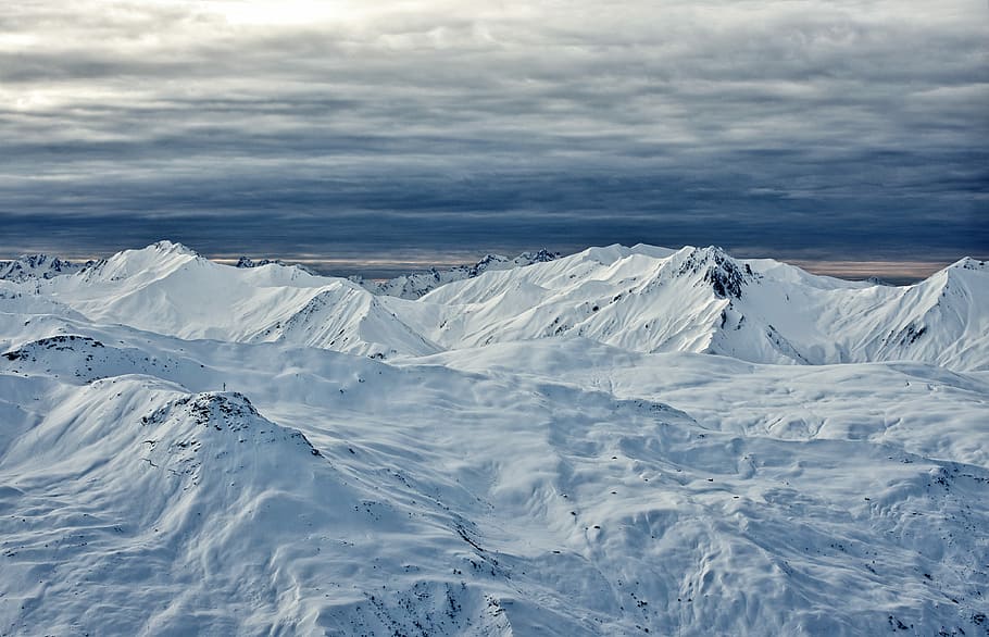 bird's-eye view photography of snow mountain, photo of mountain with glacier under white clouds at daytime HD wallpaper