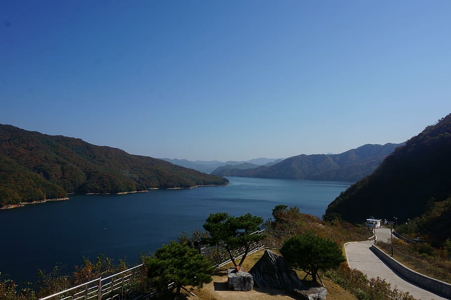 river, chuncheonho, landscape, water, mountain, scenics - nature HD wallpaper
