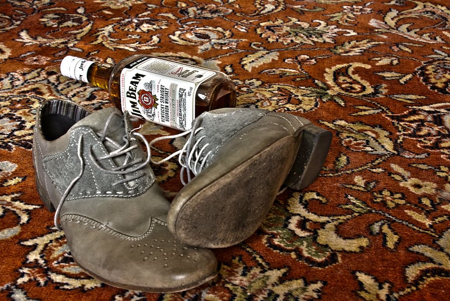 whisky, shoes, carpet, jim beam, high angle view, still life