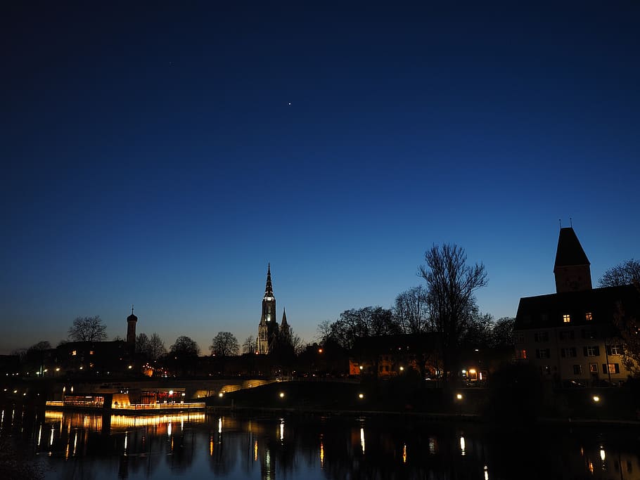 ulm, danube, at night, evening, mood, river, water, münster HD wallpaper