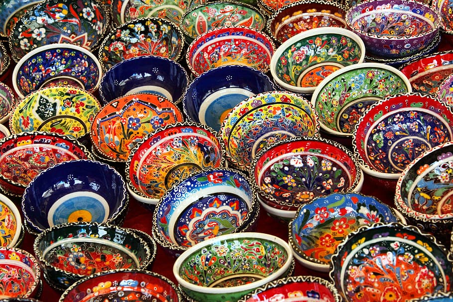 assorted multicolored ceramic bowl lot, art, background, colorful