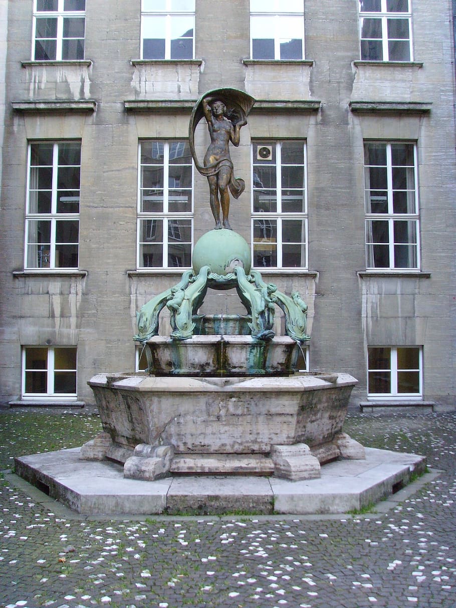 fountain, city hall, bochum, german, statue, sculpture, historic, HD wallpaper