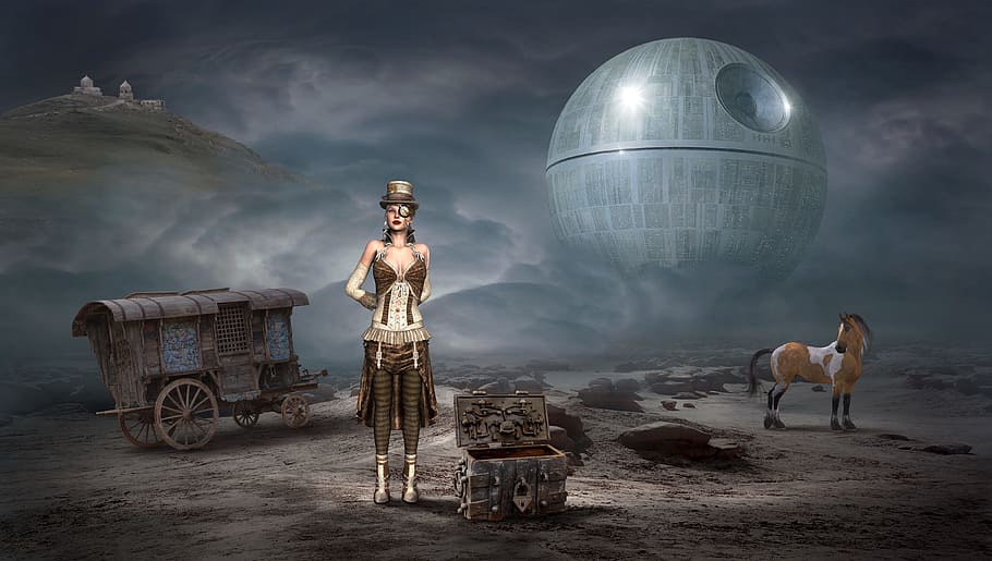 woman standing beside chest box with Star Wars Death Star background digital wallpaper, HD wallpaper