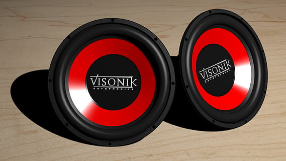 two red-and-black Visionik subwoofers, speaker, under, electronics HD wallpaper