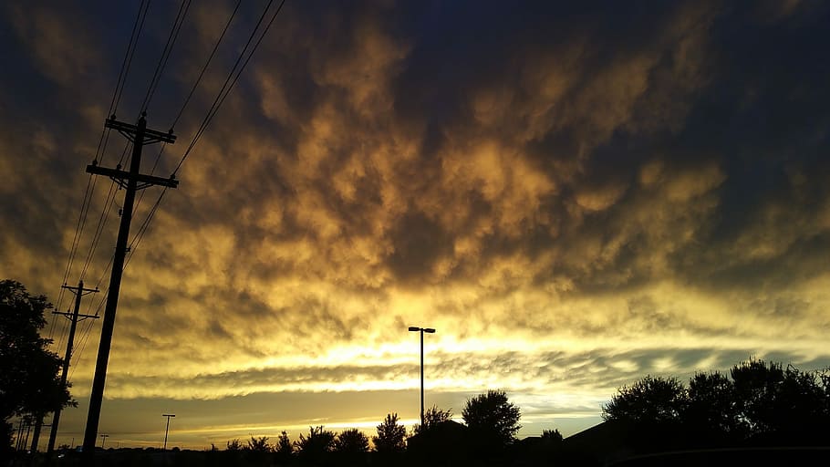 Clouds, Road, Trees, Light Poles, silhouette, sunset, cloud - sky HD wallpaper