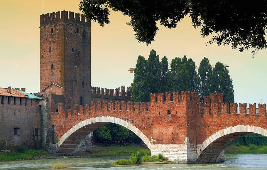 tour, arch, brick, medieval, castle, verona, italy, river, bridge HD wallpaper