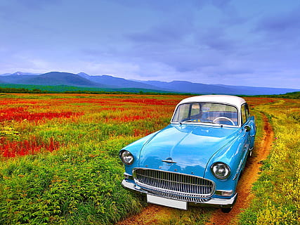blue and white car parked on dirt road, old, mood, old timer HD wallpaper