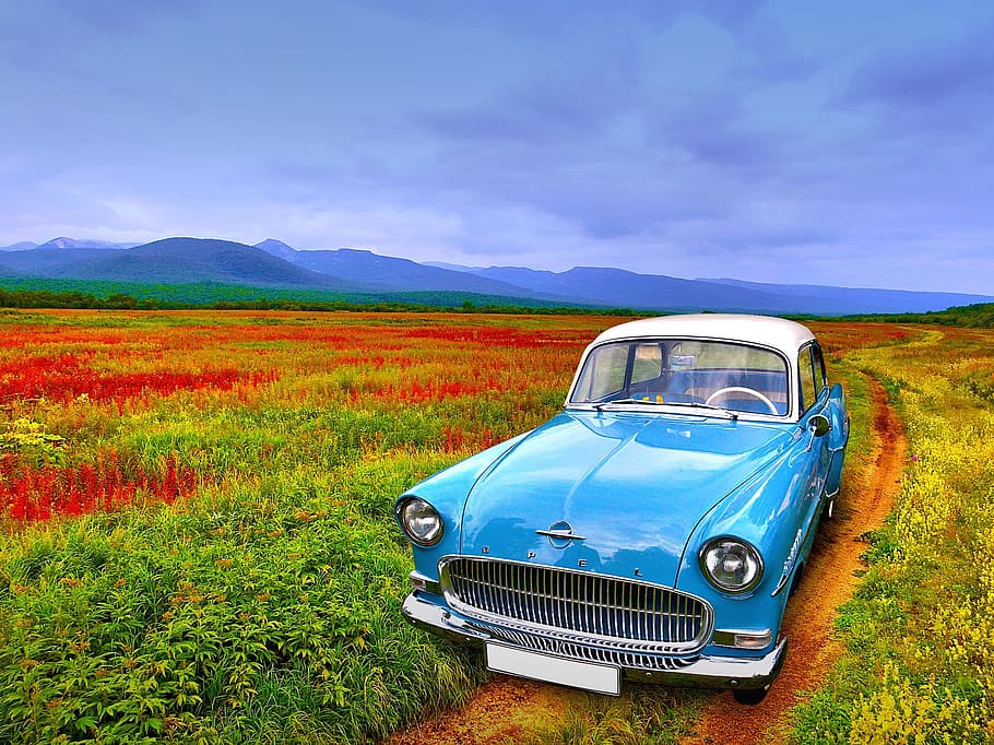 blue and white car parked on dirt road, old, mood, old timer HD wallpaper