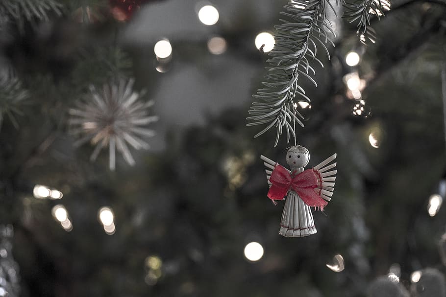 winter, christmas, tree, decoration, nature, angel, straw, figure, HD wallpaper