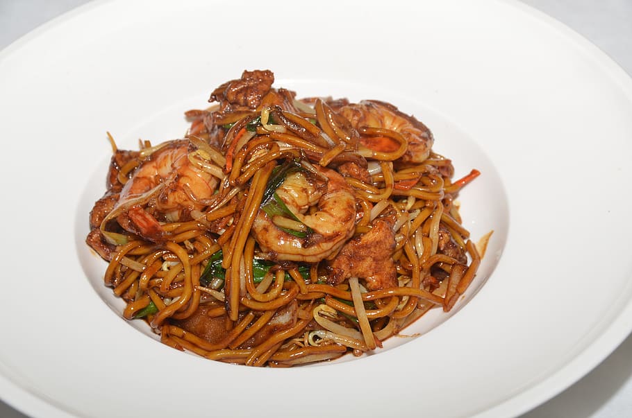stir fried noodles with shrimp, Asian, Food, Plate, Restaurant