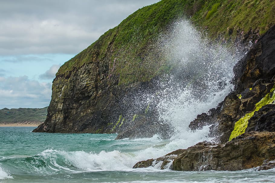 sea waves on rocky shore, st ives, cornwall, ocean, england HD wallpaper