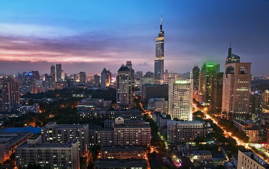 buildings during night time, urban landscape, nanjing, purple peak tower