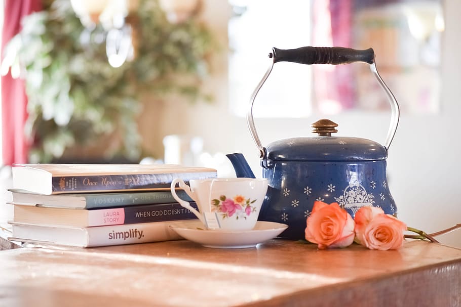 blue steel kettle on top of brown wooden table, tea, still life, HD wallpaper