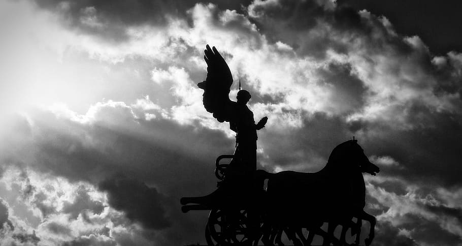 silhouette of angel riding carriage, rome, sun, chariot, statue HD wallpaper