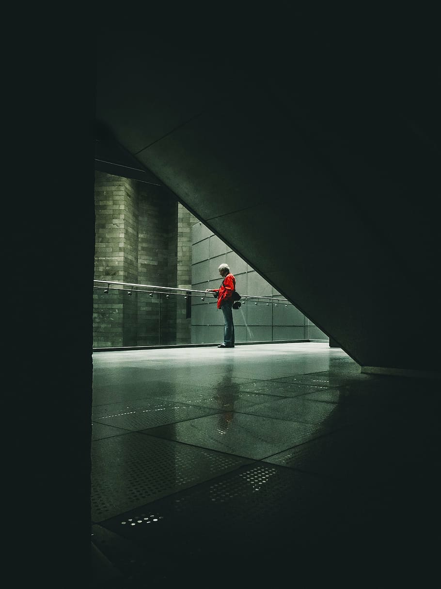 person beside the glass railing inside the building, architecture HD wallpaper