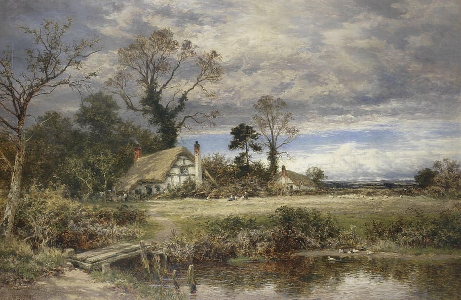 house near body of water under cloudy sky painting, benjamin leader