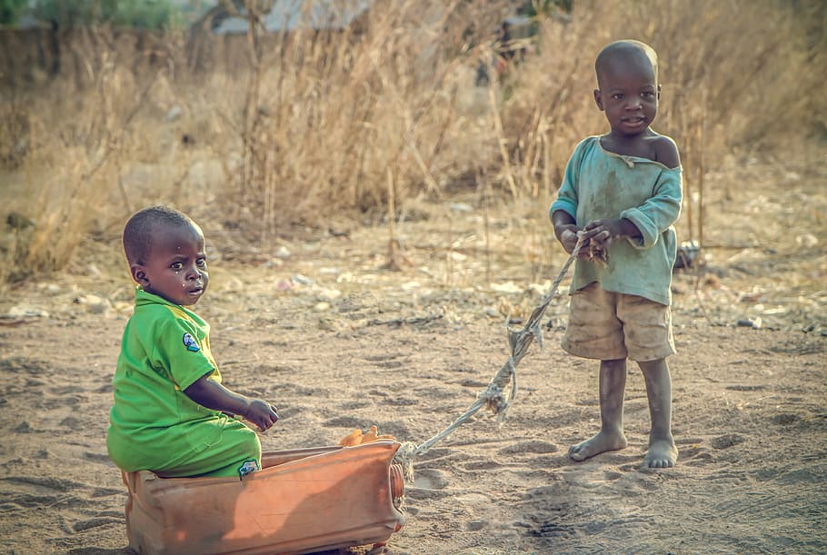 two boys playing on sand field, africa, nigeria, children, street, HD wallpaper