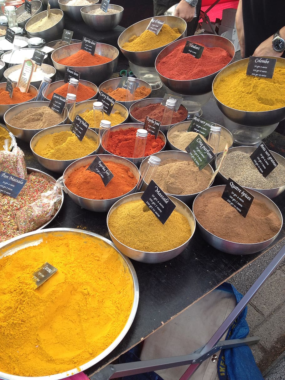 spices, yellow, orange, red, powder, spicy, curry, colorful HD wallpaper