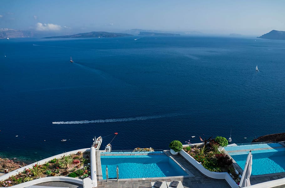 top view of swimming pools, Oia, Santorini, Greece, architecture