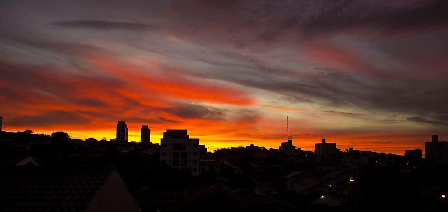 Sunset, Nature, Silhouette, Sky, orange, city, landscape, evening HD wallpaper