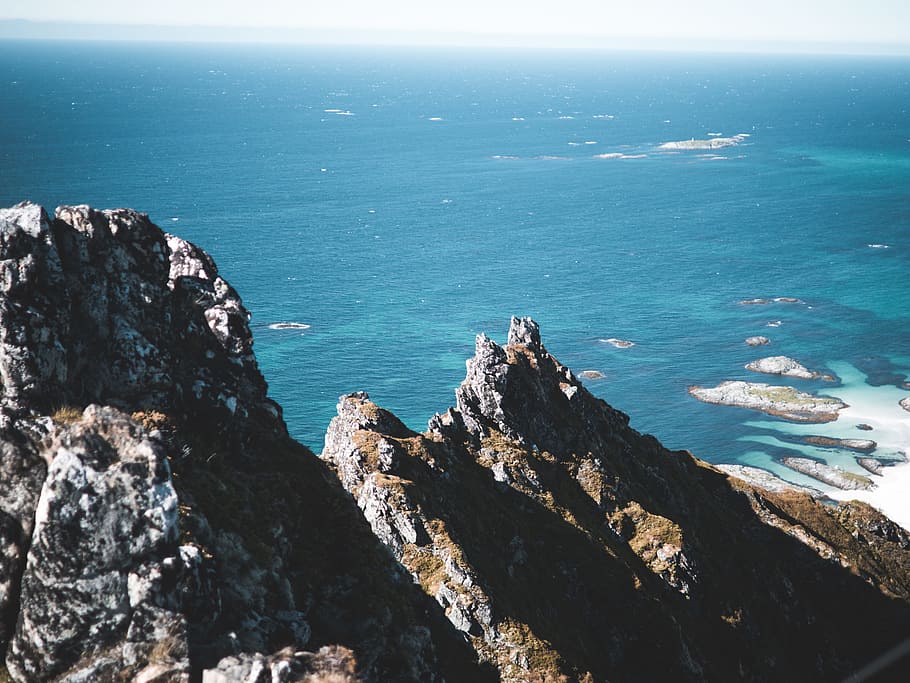 sea, landscape, nature, sky, beach, cliff, daylight, high angle shot HD wallpaper