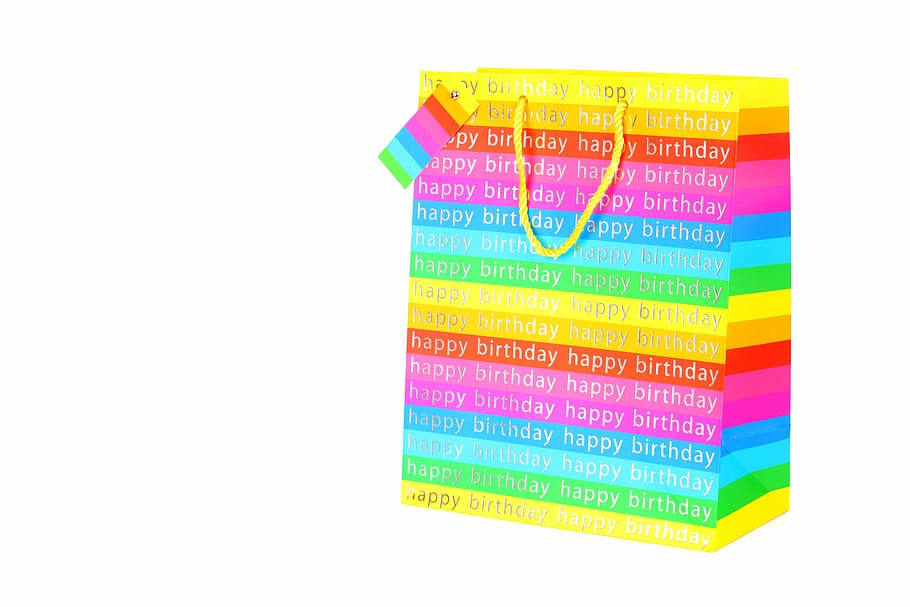 multicolored paper bag, isolated, birthday, white, gift, present HD wallpaper