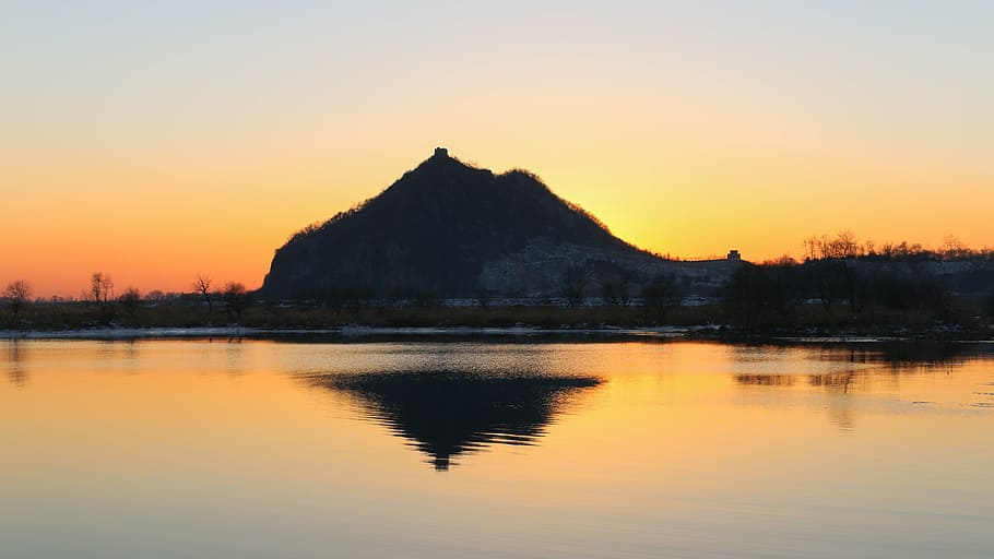 north korea, sunset, yalu river, water, sky, reflection, lake, HD wallpaper