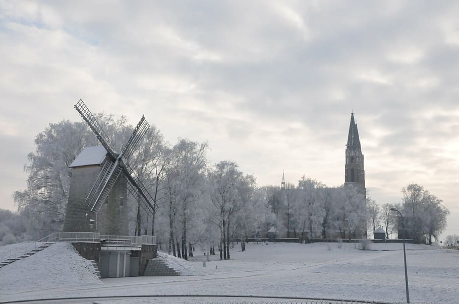 podlasie, winter, windmill, biel, church, cold temperature HD wallpaper
