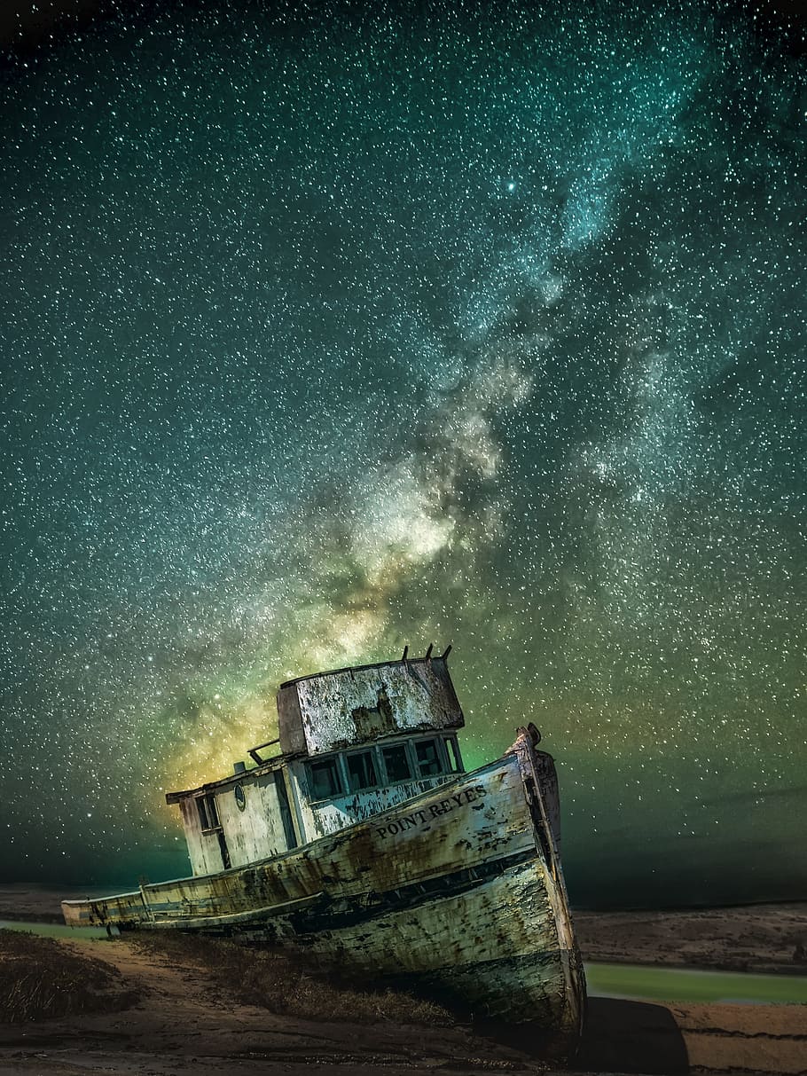 boat, night, night scene, star, starry sky, heaven, star - space, HD wallpaper