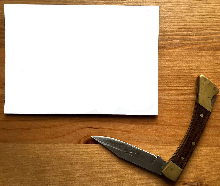 White Printer Paper Near Gray Stainless Steel Pocket Knife, background image HD wallpaper