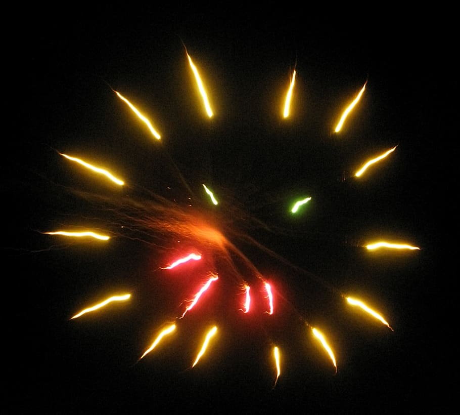 fireworks, smiley face, lights, red, orange, gold, black, new year HD wallpaper