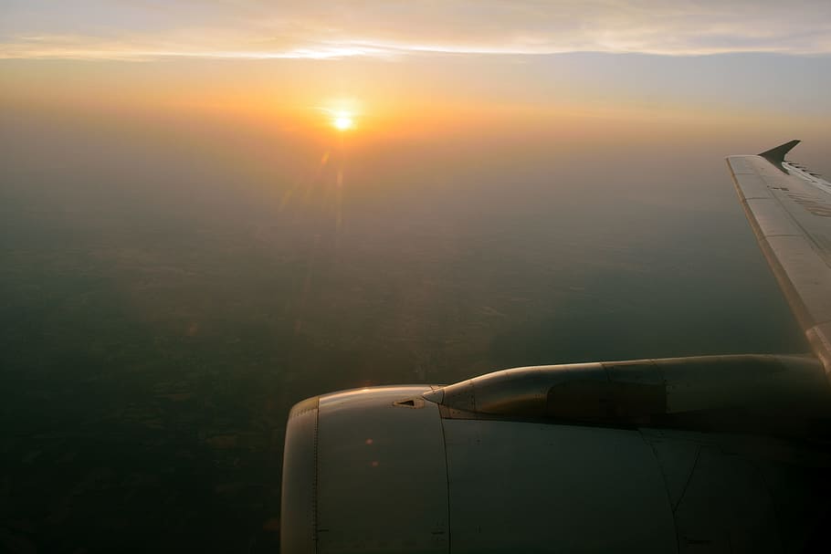 aircraft, fly, sunset, cloud, clouds, sol, evening sun, sky HD wallpaper
