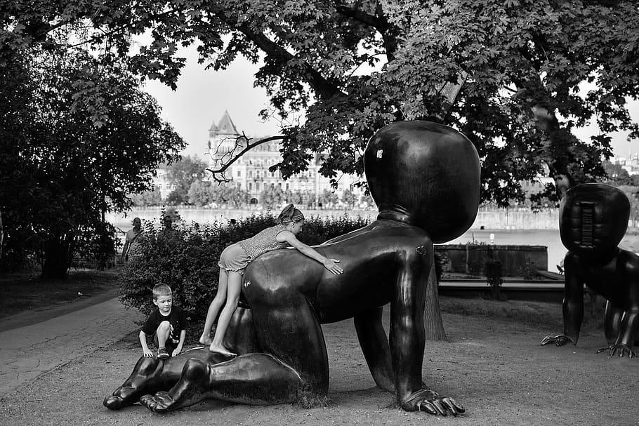 children, statue, bw, tree, plant, mammal, animal themes, horse HD wallpaper