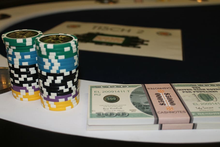 US dollar stacks beside poker chips, casino, card game, no limit holdem, HD wallpaper