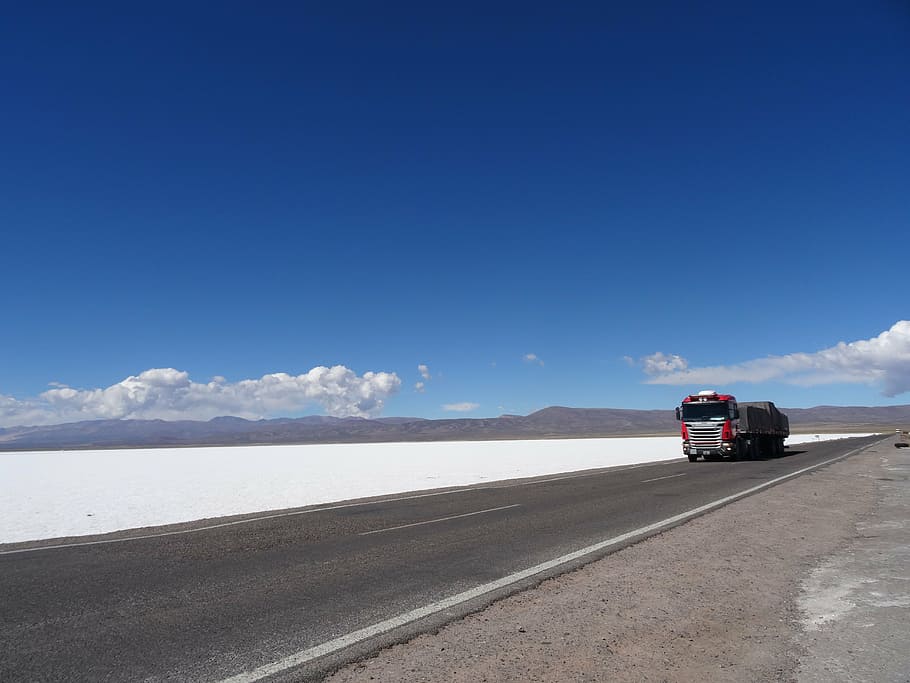 red truck, salt mines, desert, landscape, argentina, jujuy, sky, HD wallpaper