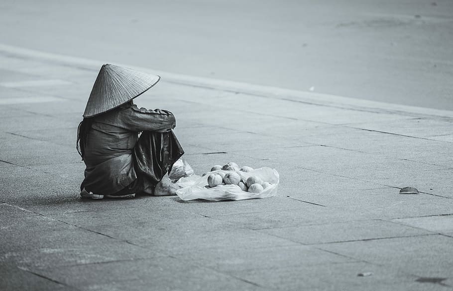 person sitting beside street, grayscale photo of a person sitting on gray road, HD wallpaper