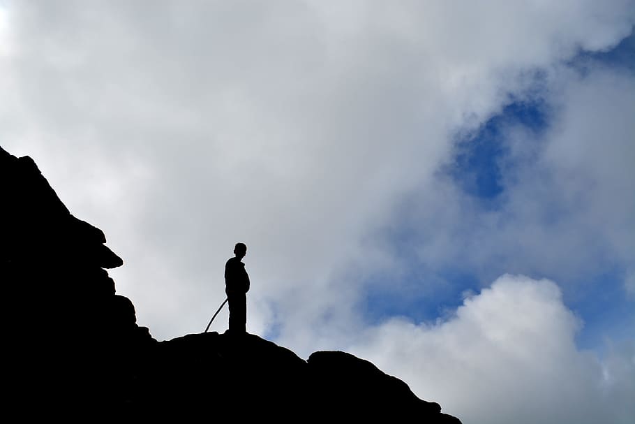 sky, mountain, clouds, blue, children, hiking, silhouette, rock HD wallpaper