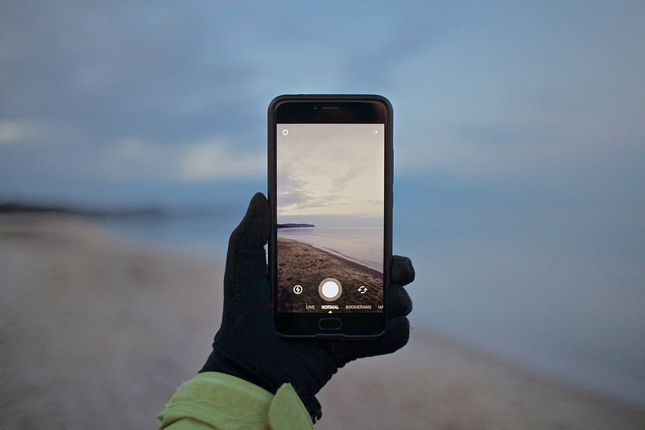 person taking photo of seashore, phone, cellphone, apple, iphone HD wallpaper