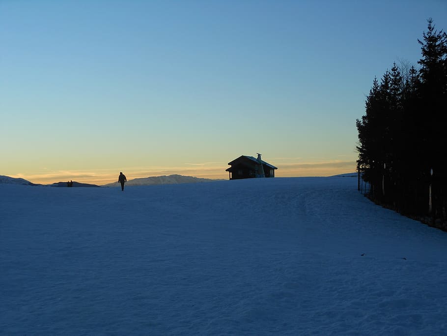 sunset, snow, winter, nature, mountain, twilight, winter landscape HD wallpaper